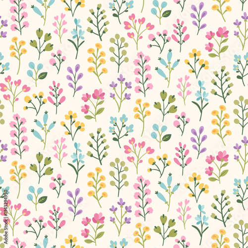 vector image of seamless pattern with small colorful wildflowers and branches scattered on light beige background in flat hand drawn botanical style