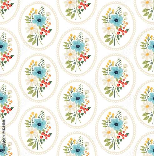 vector image of seamless pattern with floral bouquets inside oval frames with lace border in vintage folk flat illustration style