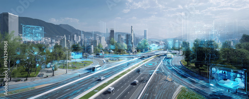 concept art of a smart city with a futuristic road network, holographic projections, futuristic style