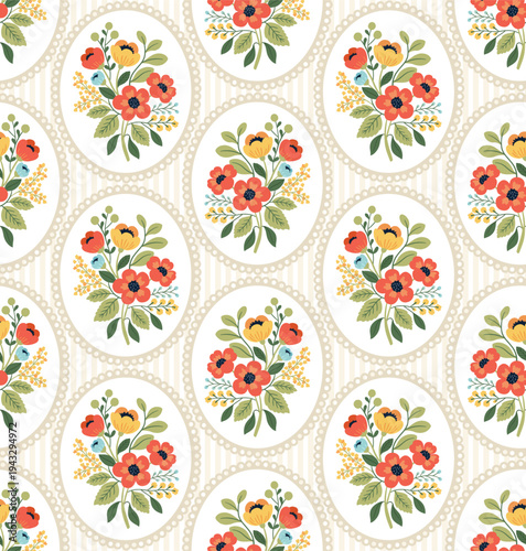 vector image of seamless pattern with floral bouquets inside oval lace frames on striped background in vintage folk flat illustration style