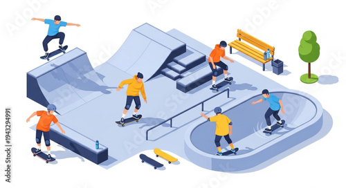 Skatepark scene with people skateboarding on ramps and bowls.