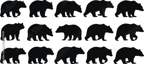 Bear silhouette collection featuring wild grizzly and black bears walking for nature forest design cad drawing flat vector illustration.