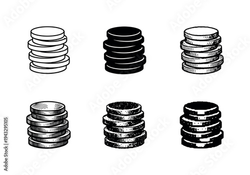 Coin Design Variations. Pile of stacked coins with layered circular edges symbolizing financial growth and investment returns |