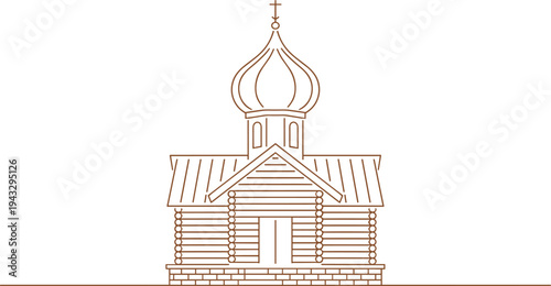 Russian Orthodox wooden church illustration, onion dome architecture, cultural heritage symbol, religious building design, traditional log structure, historic faith icon, minimalist architectural art