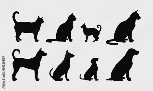 Set of Black Dog and Cat Silhouettes in Various Sitting and Standing Poses for Pet Care Branding and Veterinary Icons
