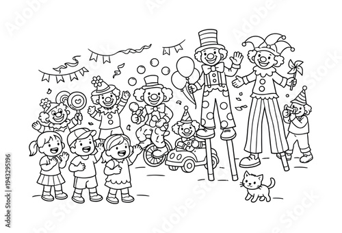 Clown parade scene with kids laughing and waving, clowns on stilts, colorful hats and props, a tiny cat following curiously,
