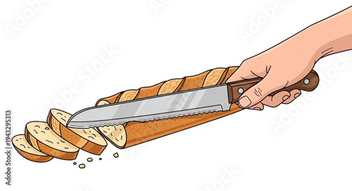 Slicing Bread with Large Knife.