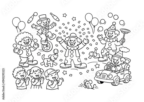 Clown parade scene with kids laughing and clapping, clowns tossing confetti, juggling balls and props around, a tiny mouse