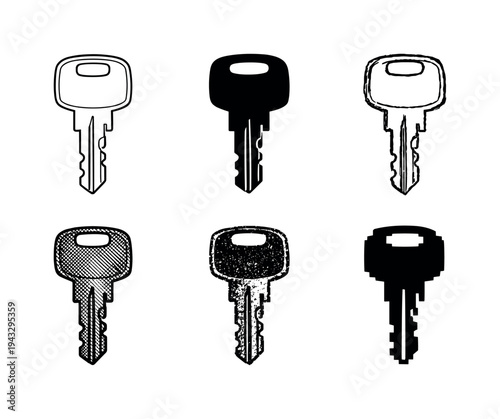 Collection of six different key illustrations in various styles on a white background