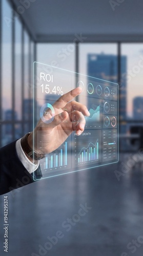 A business professional adjusting floating ROI analytics dashboard with graphs and metrics in a modern office setting