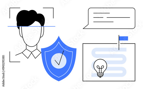 Facial recognition technology. Facial recognition linked to cybersecurity solutions and data protection. Facial recognition improves identity verification, innovation, and secure systems. Ideal
