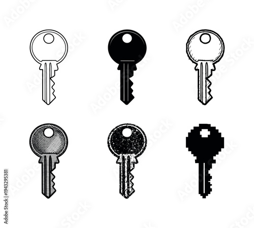 Metal key with notched blade and round head used to unlock doors cabinets and secure storage locks | Create ONE image containing