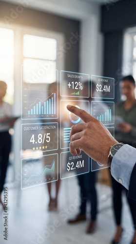Business professional interacting with floating KPI scorecards and data analytics in modern office setting