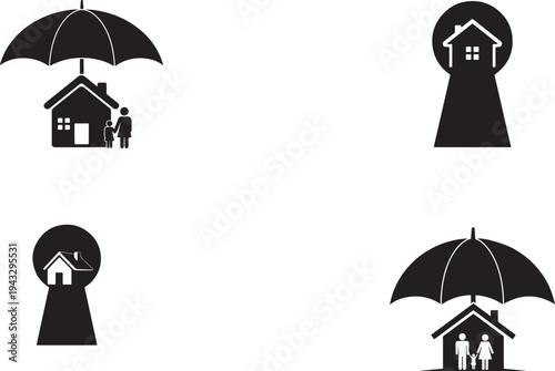 Black silhouettes depict home protection with umbrellas and keyholes