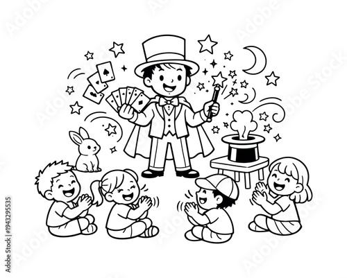 Magic show scene with kids clapping and laughing, magician performing tricks with cards and wands, hats, stars, and sparkles