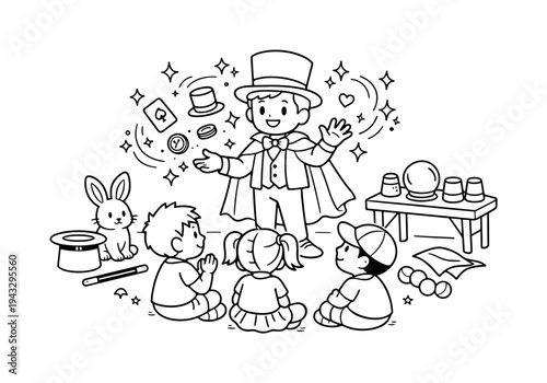 Children enjoying a magic show, magician levitating small objects, stars, sparkles, and props scattered around, a friendly rabbit