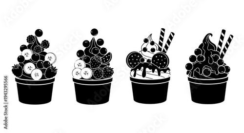 Collection of four stylized black and white ice cream desserts with fruit and toppings