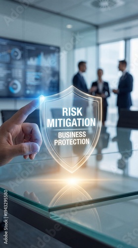 A hand selecting a glowing shield symbolizing risk mitigation and business protection in a modern office setting with blurred colleagues in the