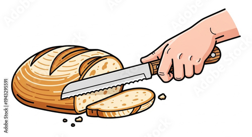 Slicing Fresh Bread with Knife.