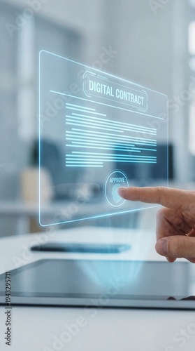 A hand tapping a holographic digital contract displayed above a tablet in a modern office setting