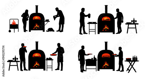 Silhouettes of people preparing and cooking pizza in a wood-fired oven