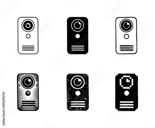 Video doorbell device with camera lens and speaker grille designed for remote visitor communication | Create ONE image containing