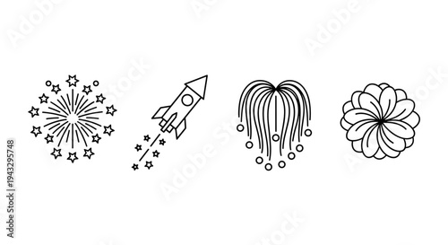 Collection of simple line art icons representing fireworks and a rocket