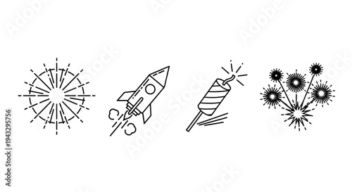 Collection of line art icons representing fireworks, rockets, and explosions for celebrations