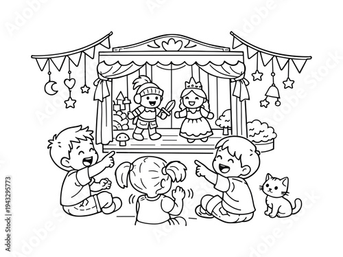 Puppet theater scene with kids laughing and pointing at puppets, small stage with strings and props, banners and tiny decorations