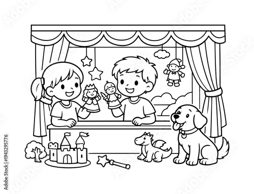 Children exploring a colorful puppet theater, holding small puppets and smiling, stage curtains and props surrounding, a friendly