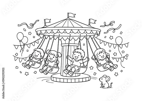 Carnival Swing Ride. Carnival rides scene with kids on a swing ride, spinning happily, streamers, flags, and small decorations