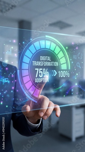 Hand interacting with a colorful digital transformation progress meter showing 75% completion in a modern office setting
