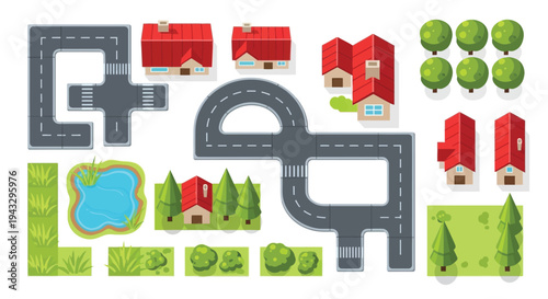 Aerial view of a colorful toy town with roads houses and nature