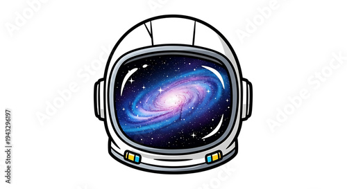 Astronaut helmet reflecting a vibrant swirling galaxy with nebulae and stars symbolizing cosmic exploration space travel and the vastness of the universe against a clean white