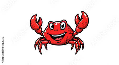 Joyful cartoon crab character with big claws raised in excitement smiling wide with happy eyes vector illustration of a cheerful red crustacean on a clean white background ideal