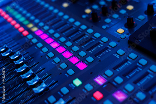 Concert sound mixer panel with volume regulators. Professional audio and light equipment for sound recording studio, live music broadcasting, television, party. mixing console. audio signals