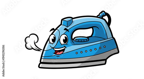 Cheerful cartoon steam iron character with a happy face emitting steam puffs with a dynamic playful expression isolated on a clean white background representing domestic chores