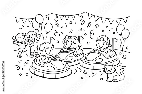 Carnival Bumper Cars Fun. Children enjoying colorful bumper cars at a carnival, steering and smiling, friends cheering, balloons,