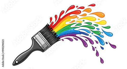 Vibrant rainbow paint splashes erupting from a black handled paintbrush symbolizing creativity artistic expression and colorful ideas bursting into life against a clean white