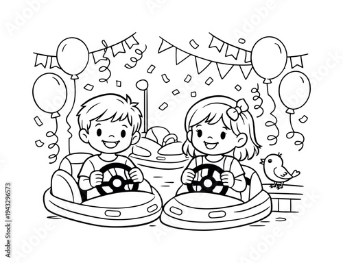 Children exploring a carnival bumper car ride, holding steering wheels and smiling, balloons, streamers, and confetti decorating