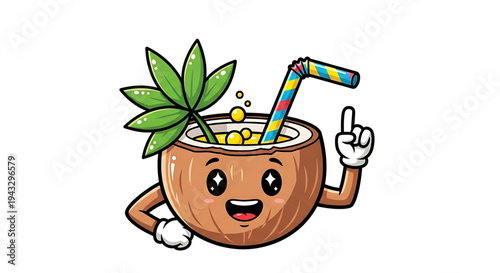 Whimsical cartoon coconut character filled with refreshing tropical drink and striped straw raising index finger in a 'eureka' or 'idea' gesture with sparkling eyes and cheerful