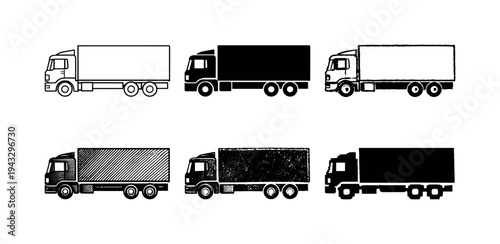 Collection of six different truck icons and illustrations in various styles
