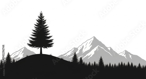 Silhouette of Tree and Mountains.