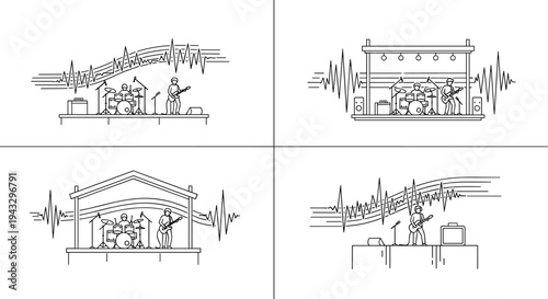 Live music band performing on stage with sound waves and equalizer graphics