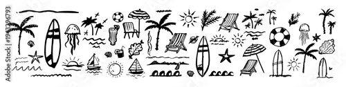 Hand drawn tropical beach doodle vector set. Summer coastal icons with palm trees, surfboards, waves, sun, and seashells.