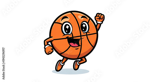 Joyful cartoon basketball character with arms and legs mid stride with one fist raised in triumph displaying a wide smile and energetic eyes perfect for sports promotions