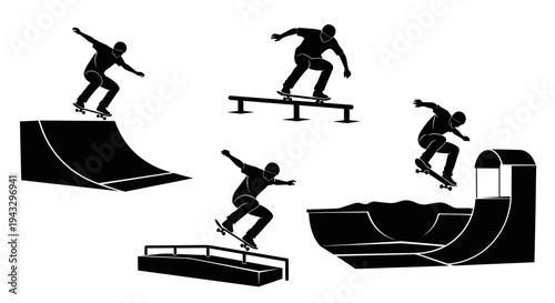 Collection of skateboarders performing tricks on ramps and rails in silhouette
