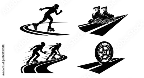 Dynamic silhouettes of inline skaters and a roller skate wheel on a track