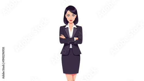 Confident businesswoman in black suit stands with crossed arms
