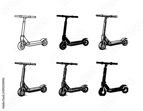 Foldable electric scooter with small wheels and straight handlebar built for portable transport | Create ONE image containing